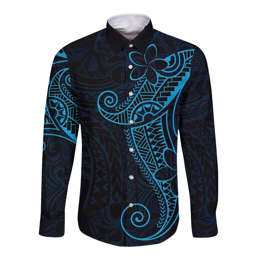 Black Blue Polynesian Tribal Long Sleeve Button Shirt - Polynesian Pride