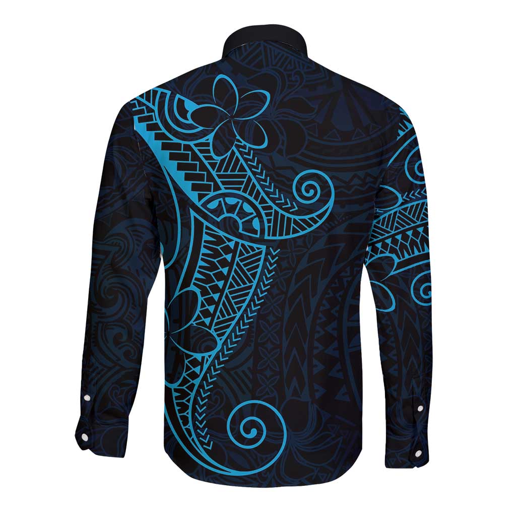 Black Blue Polynesian Tribal Long Sleeve Button Shirt - Polynesian Pride