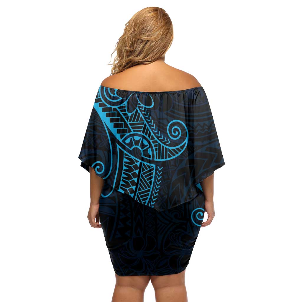 Black Blue Polynesian Tribal Off Shoulder Short Dress - Polynesian Pride