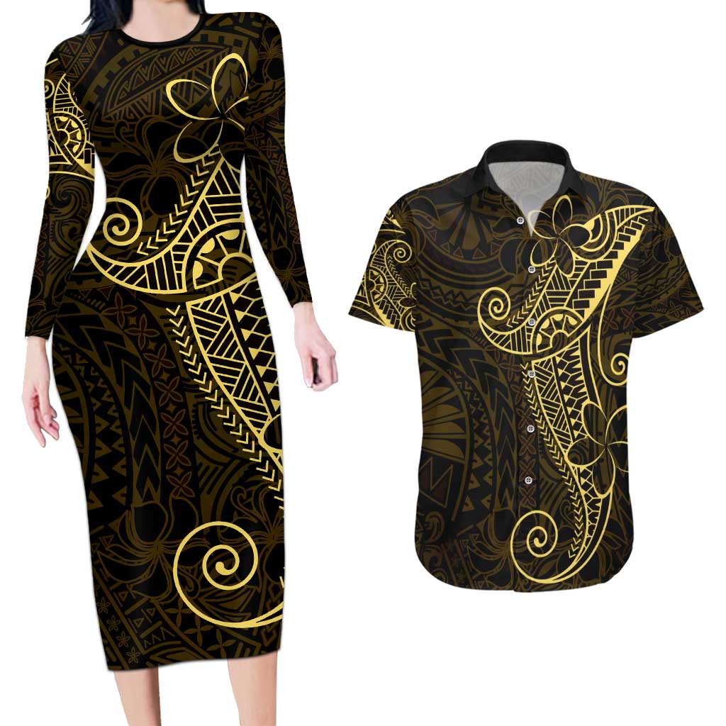Black Gold Polynesian Tribal Couples Matching Long Sleeve Bodycon Dress and Hawaiian Shirt - Polynesian Pride