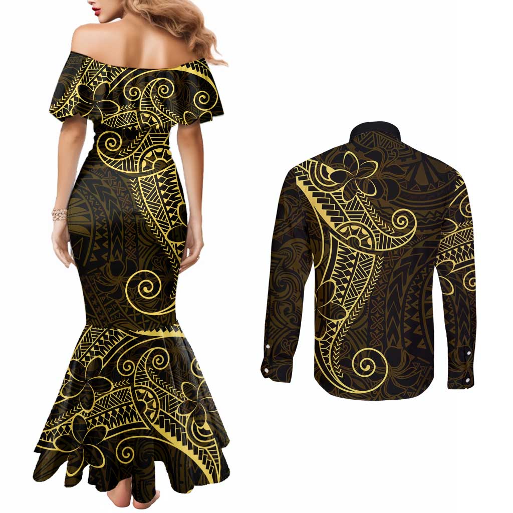 Black Gold Polynesian Tribal Couples Matching Mermaid Dress and Long Sleeve Button Shirt LT9 - Polynesian Pride