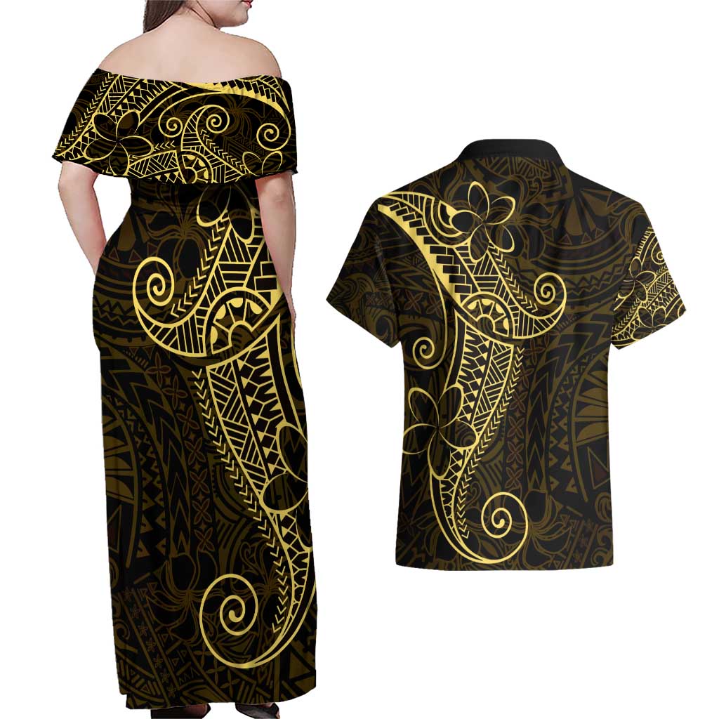 Black Gold Polynesian Tribal Couples Matching Off Shoulder Maxi Dress and Hawaiian Shirt - Polynesian Pride