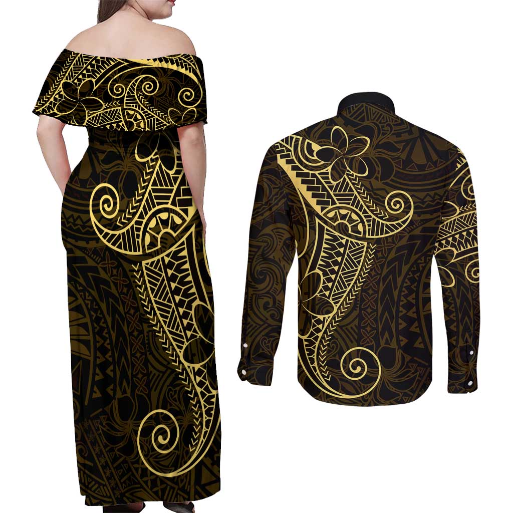 Black Gold Polynesian Tribal Couples Matching Off Shoulder Maxi Dress and Long Sleeve Button Shirt LT9 - Polynesian Pride