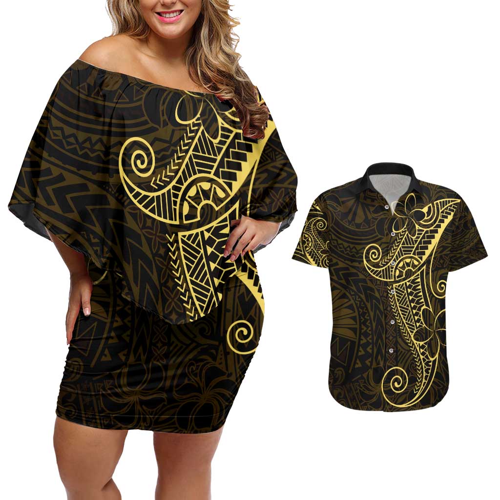 Black Gold Polynesian Tribal Couples Matching Off Shoulder Short Dress and Hawaiian Shirt - Polynesian Pride