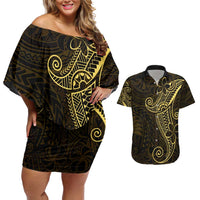 Black Gold Polynesian Tribal Couples Matching Off Shoulder Short Dress and Hawaiian Shirt - Polynesian Pride