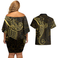 Black Gold Polynesian Tribal Couples Matching Off Shoulder Short Dress and Hawaiian Shirt - Polynesian Pride