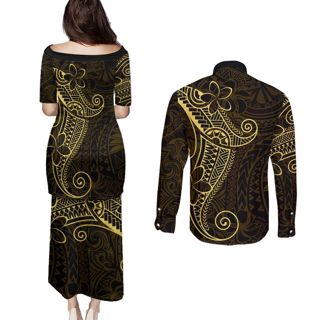 Black Gold Polynesian Tribal Couples Matching Puletasi and Long Sleeve Button Shirt - Polynesian Pride