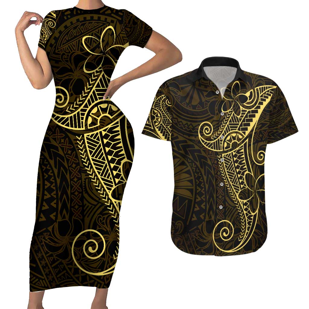 Black Gold Polynesian Tribal Couples Matching Short Sleeve Bodycon Dress and Hawaiian Shirt - Polynesian Pride