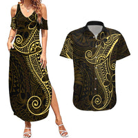 Black Gold Polynesian Tribal Couples Matching Summer Maxi Dress and Hawaiian Shirt - Polynesian Pride