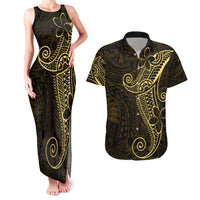 Black Gold Polynesian Tribal Couples Matching Tank Maxi Dress and Hawaiian Shirt - Polynesian Pride