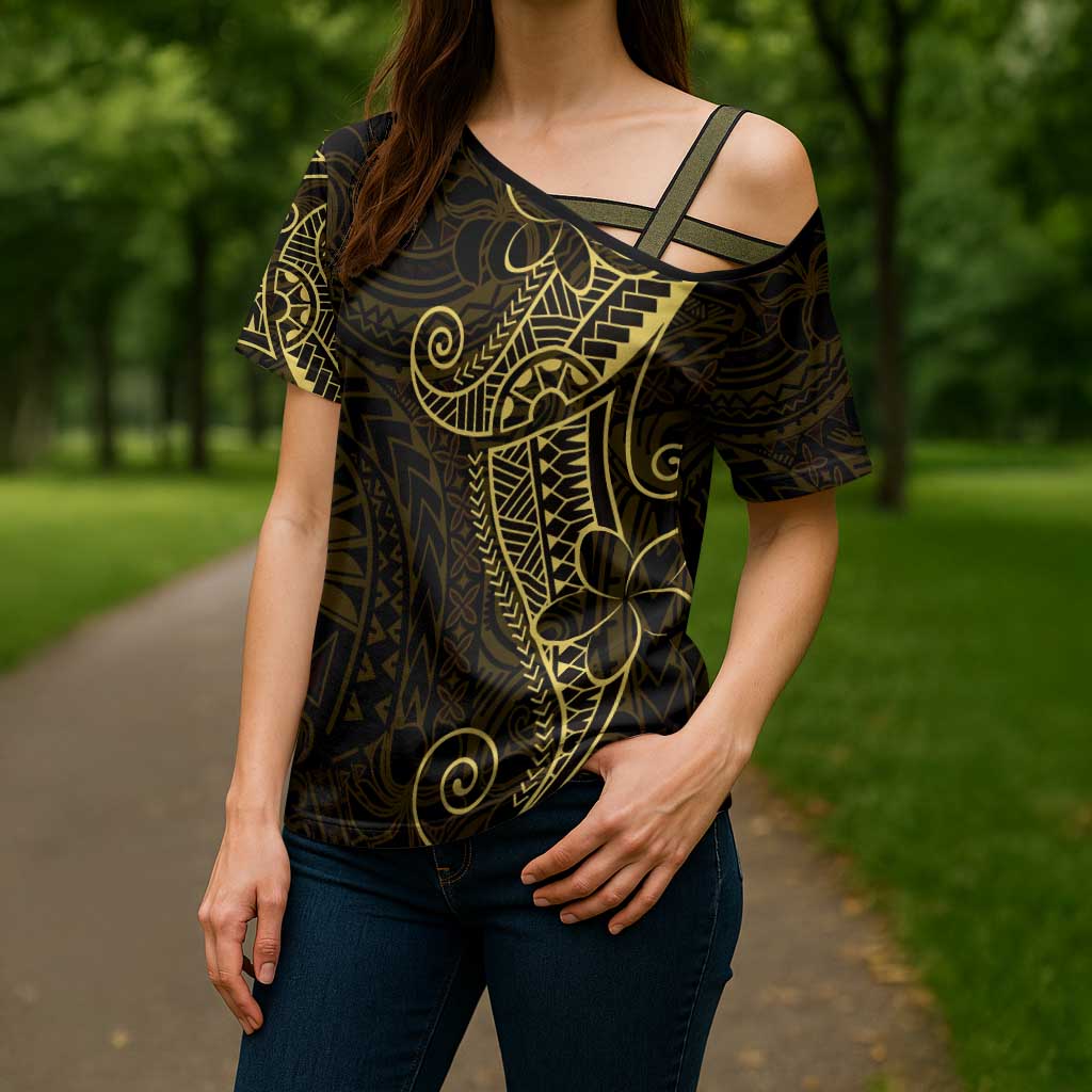 Black Gold Polynesian Tribal Cross Shoulder Shirt - Polynesian Pride