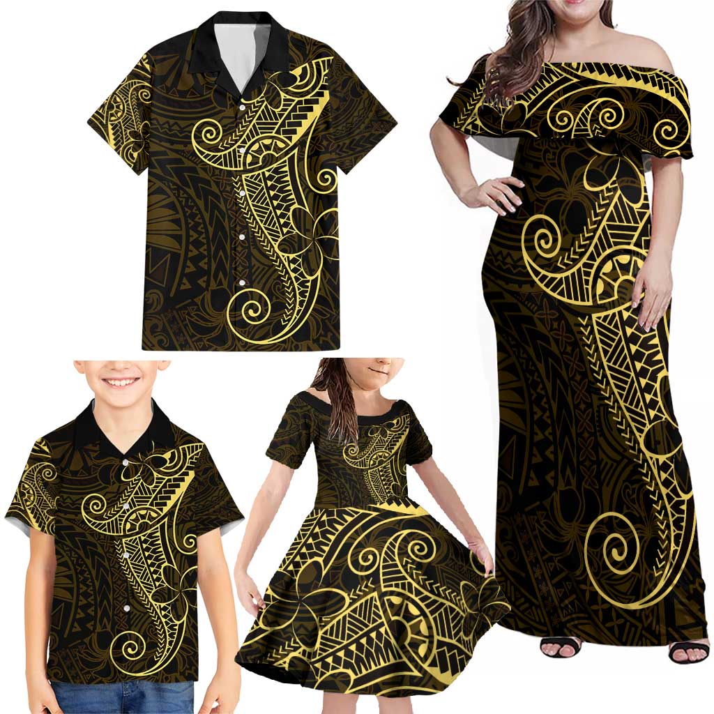 Black Gold Polynesian Tribal Family Matching Off Shoulder Maxi Dress and Hawaiian Shirt - Polynesian Pride