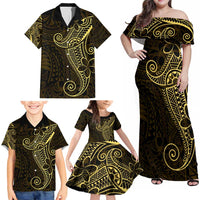 Black Gold Polynesian Tribal Family Matching Off Shoulder Maxi Dress and Hawaiian Shirt - Polynesian Pride