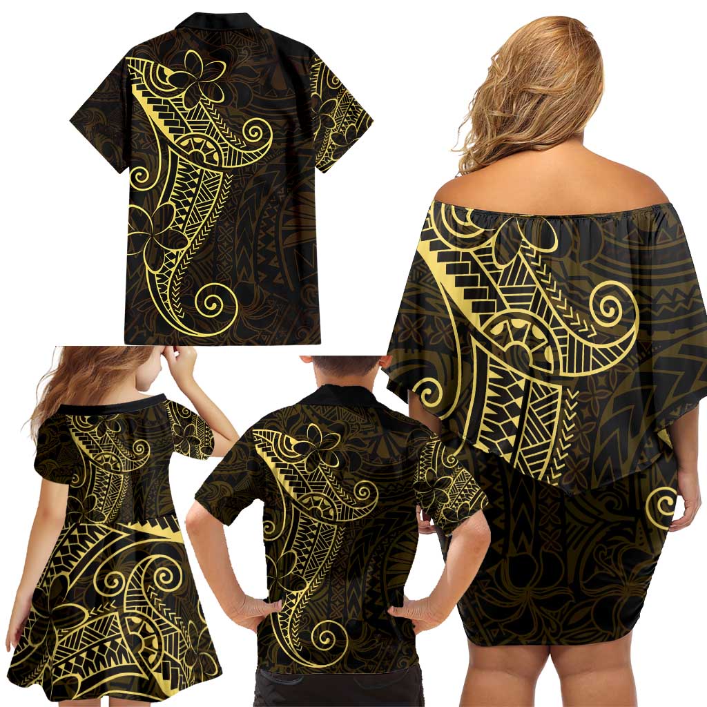 Black Gold Polynesian Tribal Family Matching Off Shoulder Short Dress and Hawaiian Shirt - Polynesian Pride
