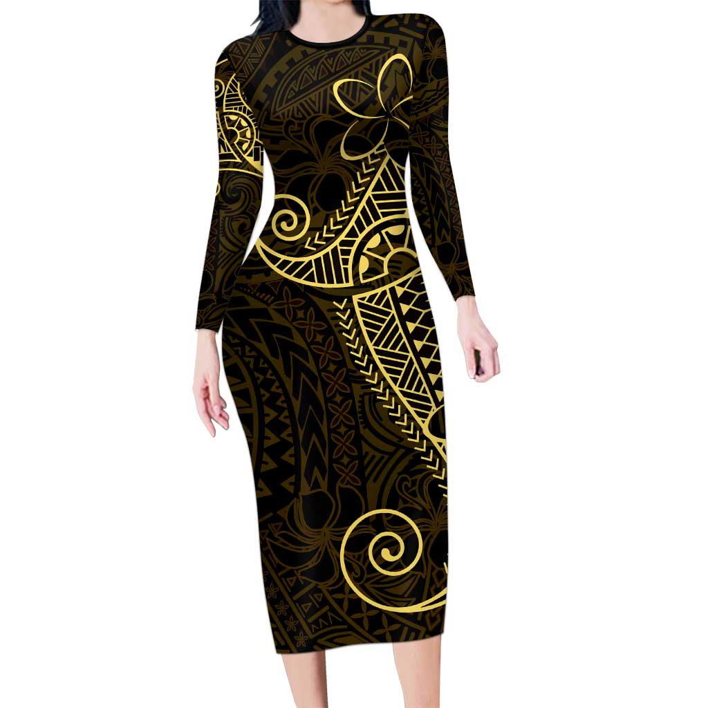 Black Gold Polynesian Tribal Long Sleeve Bodycon Dress - Polynesian Pride