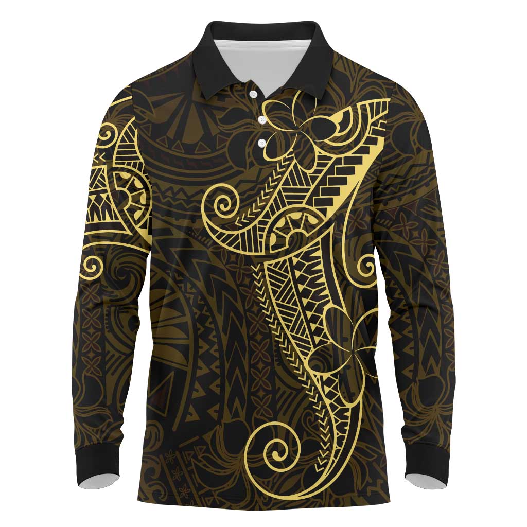 Black Gold Polynesian Tribal Long Sleeve Polo Shirt - Polynesian Pride