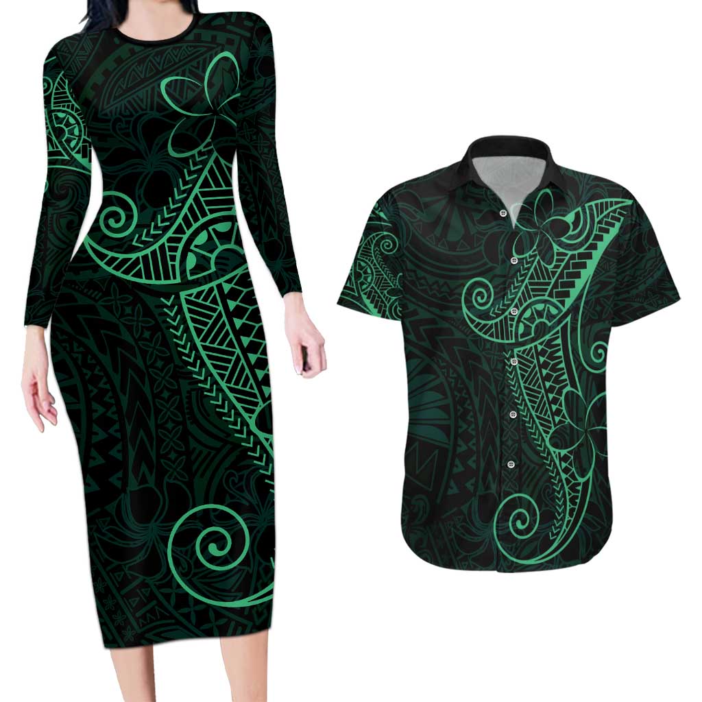 Black Green Polynesian Tribal Couples Matching Long Sleeve Bodycon Dress and Hawaiian Shirt - Polynesian Pride