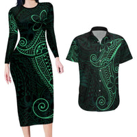 Black Green Polynesian Tribal Couples Matching Long Sleeve Bodycon Dress and Hawaiian Shirt - Polynesian Pride