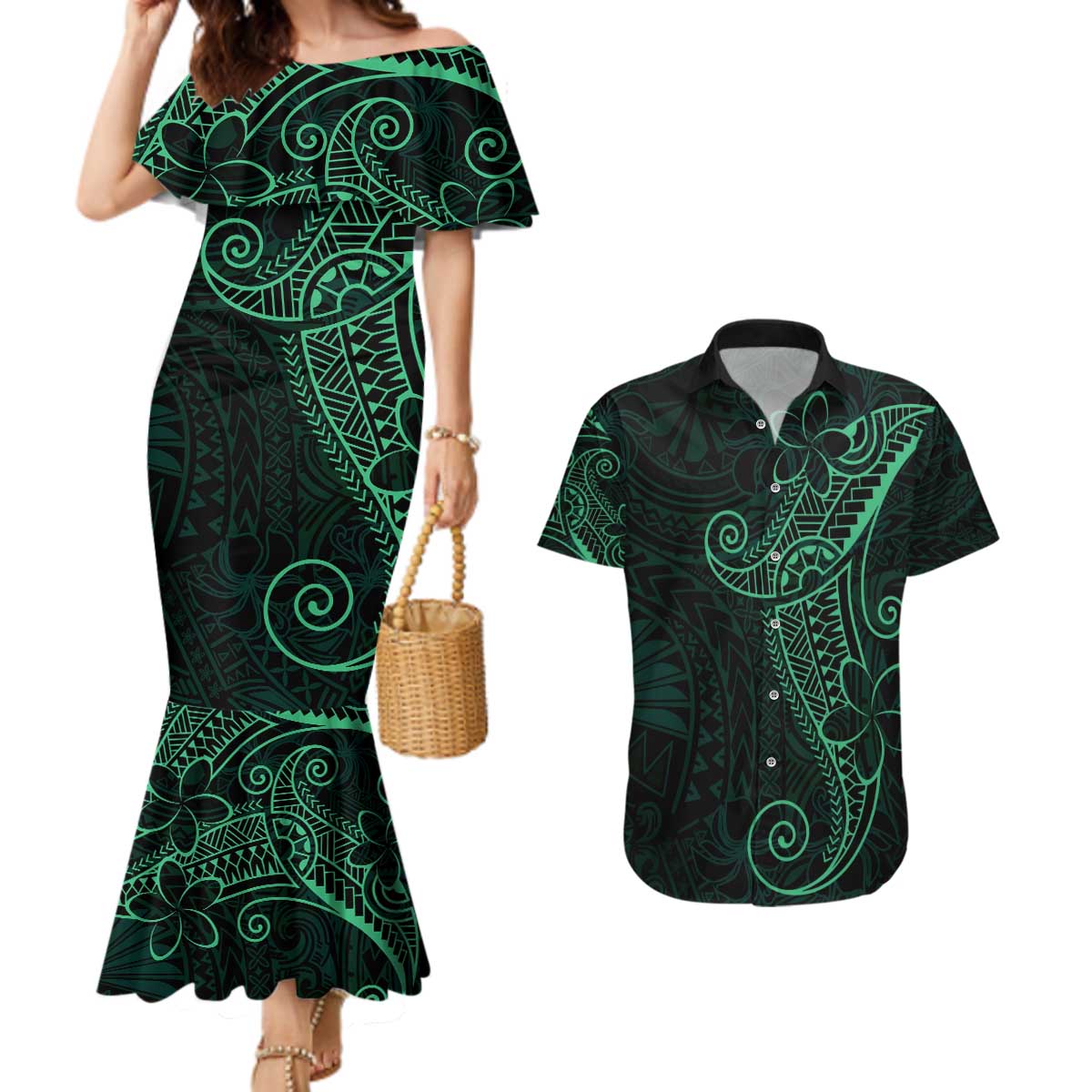 Black Green Polynesian Tribal Couples Matching Mermaid Dress and Hawaiian Shirt - Polynesian Pride