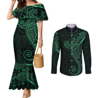 Black Green Polynesian Tribal Couples Matching Mermaid Dress and Long Sleeve Button Shirt LT9 Green - Polynesian Pride