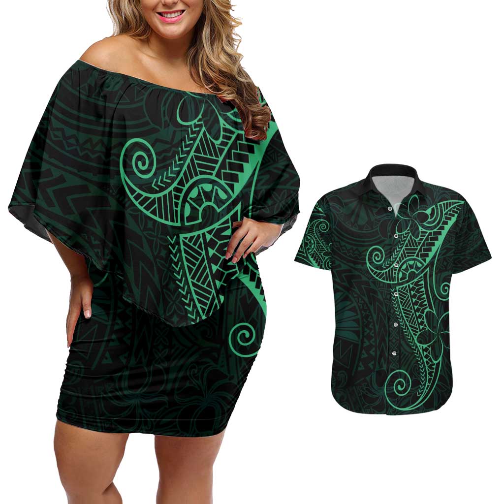 Black Green Polynesian Tribal Couples Matching Off Shoulder Short Dress and Hawaiian Shirt - Polynesian Pride