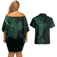 Black Green Polynesian Tribal Couples Matching Off Shoulder Short Dress and Hawaiian Shirt - Polynesian Pride