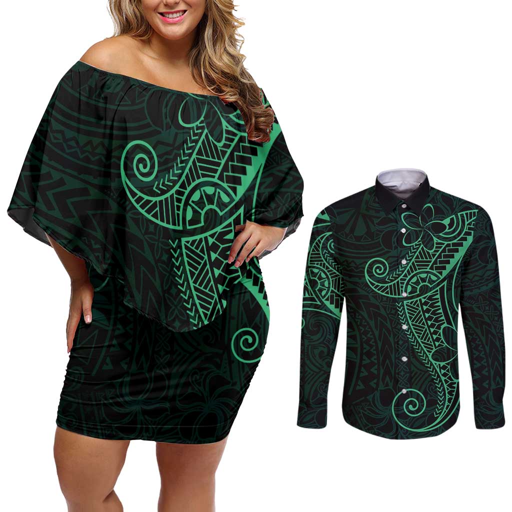Black Green Polynesian Tribal Couples Matching Off Shoulder Short Dress and Long Sleeve Button Shirt - Polynesian Pride