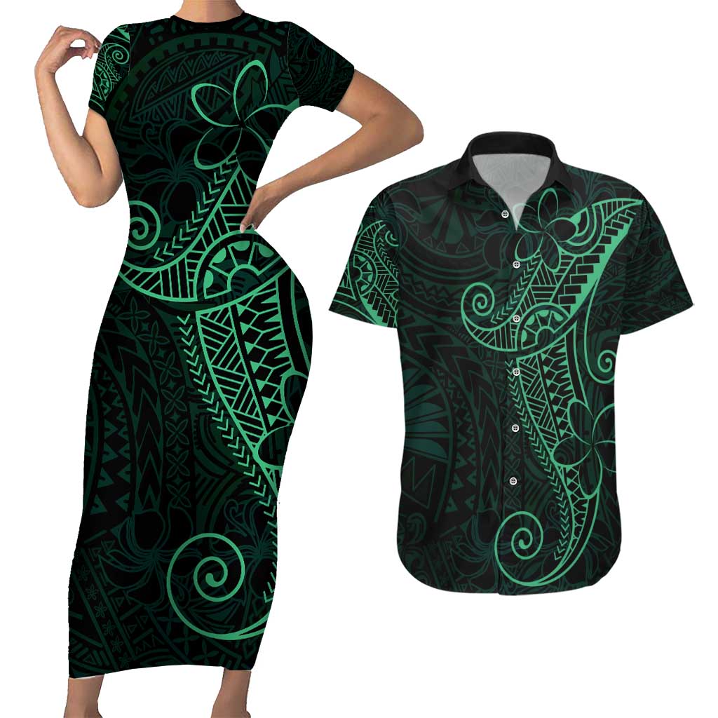 Black Green Polynesian Tribal Couples Matching Short Sleeve Bodycon Dress and Hawaiian Shirt - Polynesian Pride