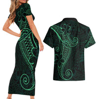 Black Green Polynesian Tribal Couples Matching Short Sleeve Bodycon Dress and Hawaiian Shirt - Polynesian Pride