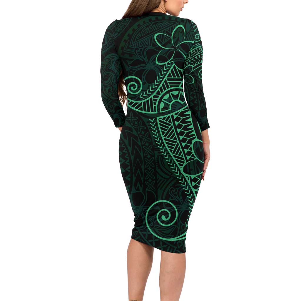 Black Green Polynesian Tribal Family Matching Long Sleeve Bodycon Dress and Hawaiian Shirt - Polynesian Pride