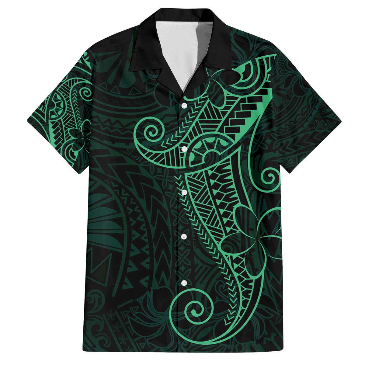 Black Green Polynesian Tribal Family Matching Off The Shoulder Long Sleeve Dress and Hawaiian Shirt - Polynesian Pride