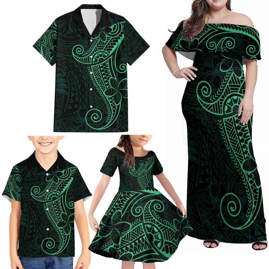 Black Green Polynesian Tribal Family Matching Off Shoulder Maxi Dress and Hawaiian Shirt - Polynesian Pride