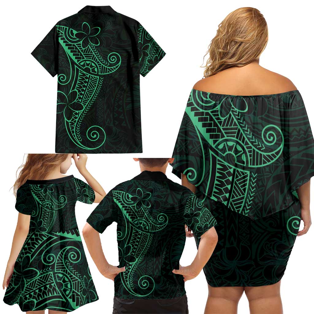 Black Green Polynesian Tribal Family Matching Off Shoulder Short Dress and Hawaiian Shirt - Polynesian Pride