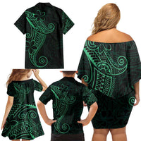 Black Green Polynesian Tribal Family Matching Off Shoulder Short Dress and Hawaiian Shirt - Polynesian Pride