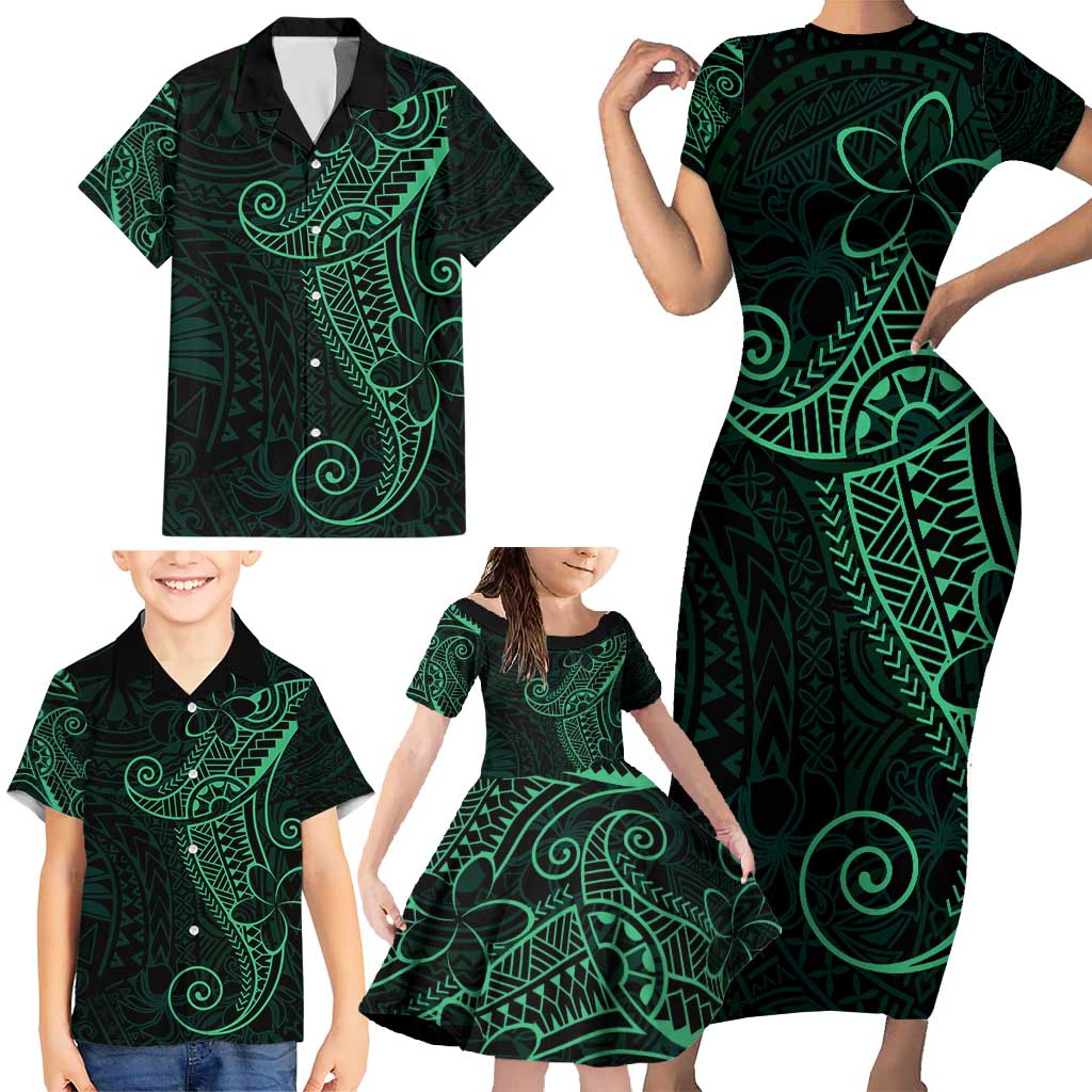 Black Green Polynesian Tribal Family Matching Short Sleeve Bodycon Dress and Hawaiian Shirt - Polynesian Pride