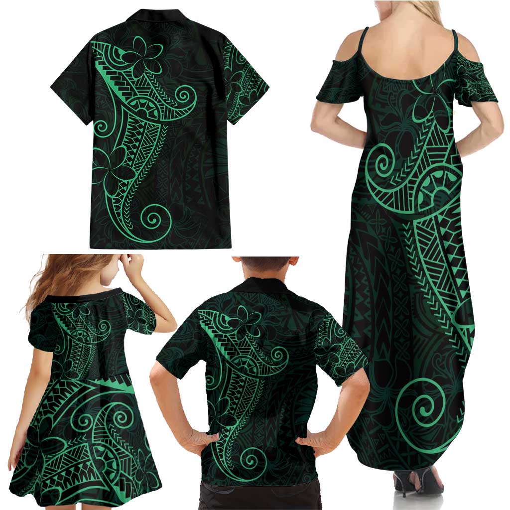 Black Green Polynesian Tribal Family Matching Summer Maxi Dress and Hawaiian Shirt - Polynesian Pride