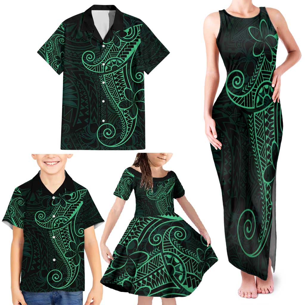 Black Green Polynesian Tribal Family Matching Tank Maxi Dress and Hawaiian Shirt - Polynesian Pride
