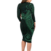 Black Green Polynesian Tribal Long Sleeve Bodycon Dress - Polynesian Pride