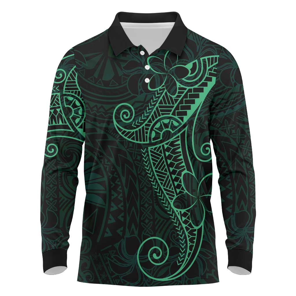 Black Green Polynesian Tribal Long Sleeve Polo Shirt - Polynesian Pride