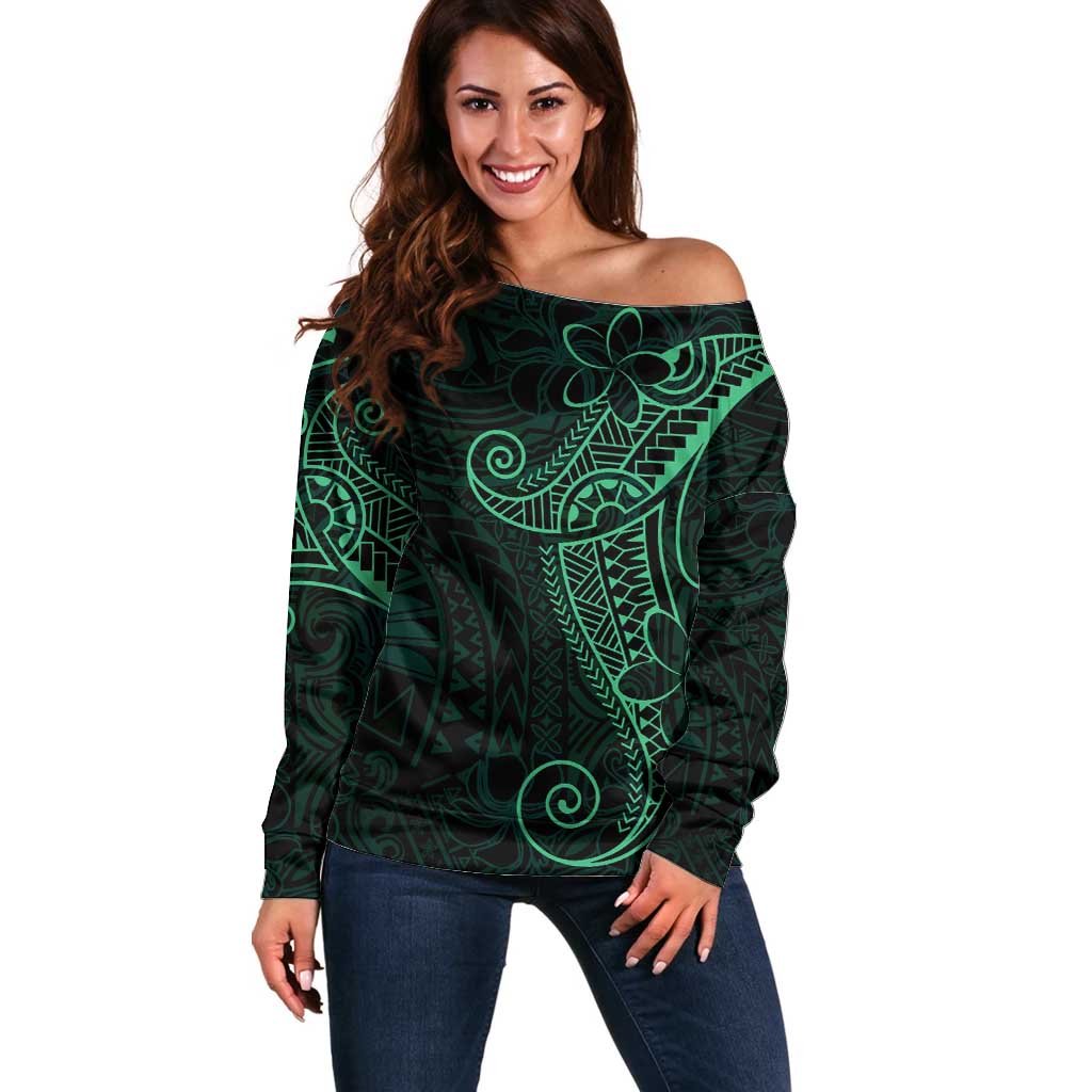 Black Green Polynesian Tribal Off Shoulder Sweater - Polynesian Pride