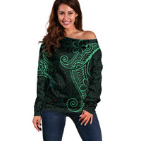 Black Green Polynesian Tribal Off Shoulder Sweater - Polynesian Pride