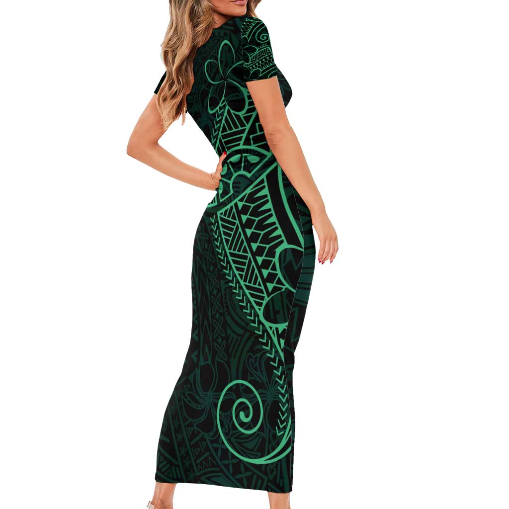 Black Green Polynesian Tribal Short Sleeve Bodycon Dress - Polynesian Pride