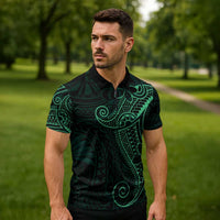 Black Green Polynesian Tribal Zipper Polo Shirt - Polynesian Pride