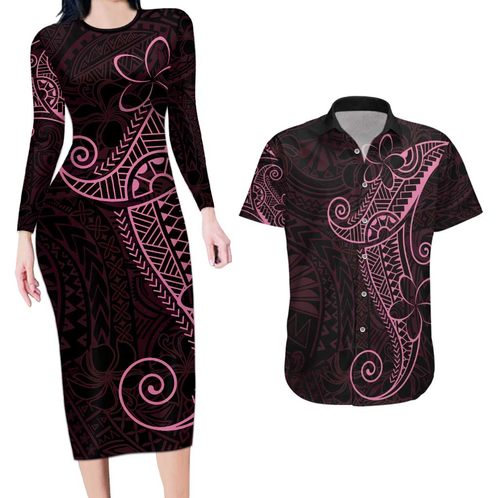 Black Pink Polynesian Tribal Couples Matching Long Sleeve Bodycon Dress and Hawaiian Shirt - Polynesian Pride