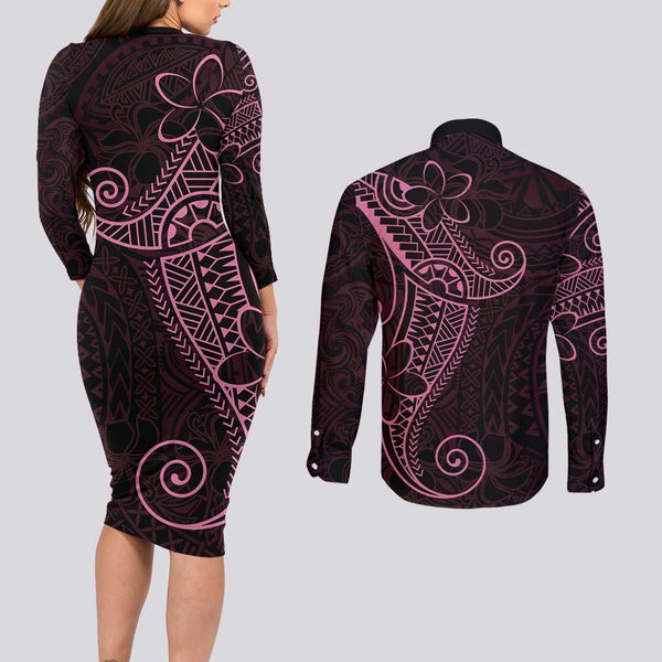 FSM Kosrae States Couples Matching Off The Shoulder Long Sleeve Dress and Long Sleeve Button Shirts Micronesia Vintage Polynesian Tribal Gold Version LT9 main image 1