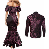 Black Pink Polynesian Tribal Couples Matching Mermaid Dress and Long Sleeve Button Shirt LT9 - Polynesian Pride