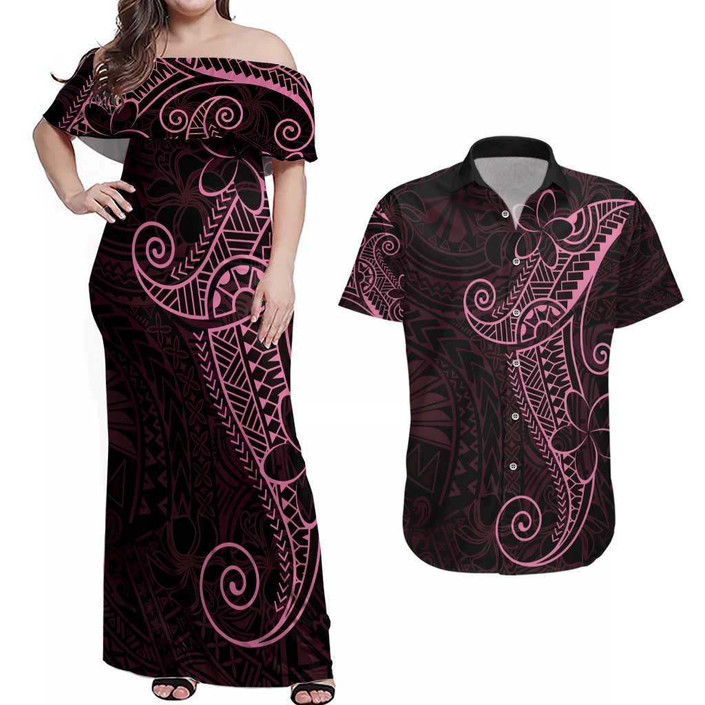 Black Pink Polynesian Tribal Couples Matching Off Shoulder Maxi Dress and Hawaiian Shirt - Polynesian Pride