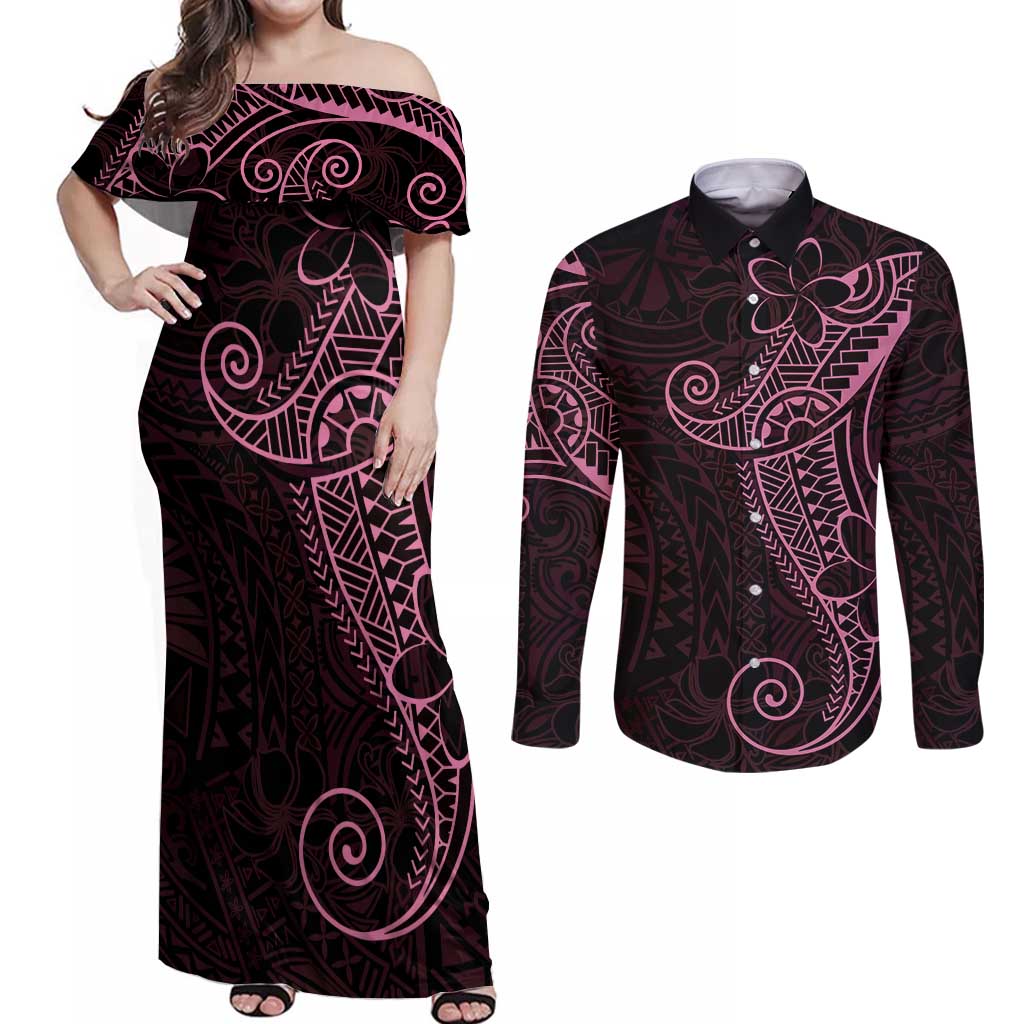 Black Pink Polynesian Tribal Couples Matching Off Shoulder Maxi Dress and Long Sleeve Button Shirt - Polynesian Pride