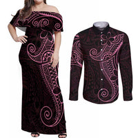Black Pink Polynesian Tribal Couples Matching Off Shoulder Maxi Dress and Long Sleeve Button Shirt - Polynesian Pride
