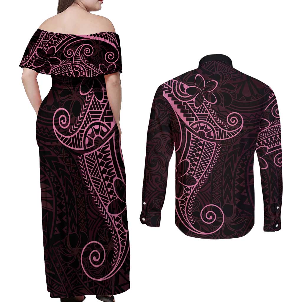 Black Pink Polynesian Tribal Couples Matching Off Shoulder Maxi Dress and Long Sleeve Button Shirt - Polynesian Pride